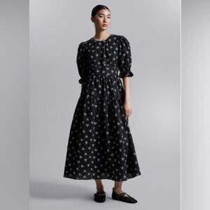 & Other Stories Black Print Puff-Sleeve MIDI Dress